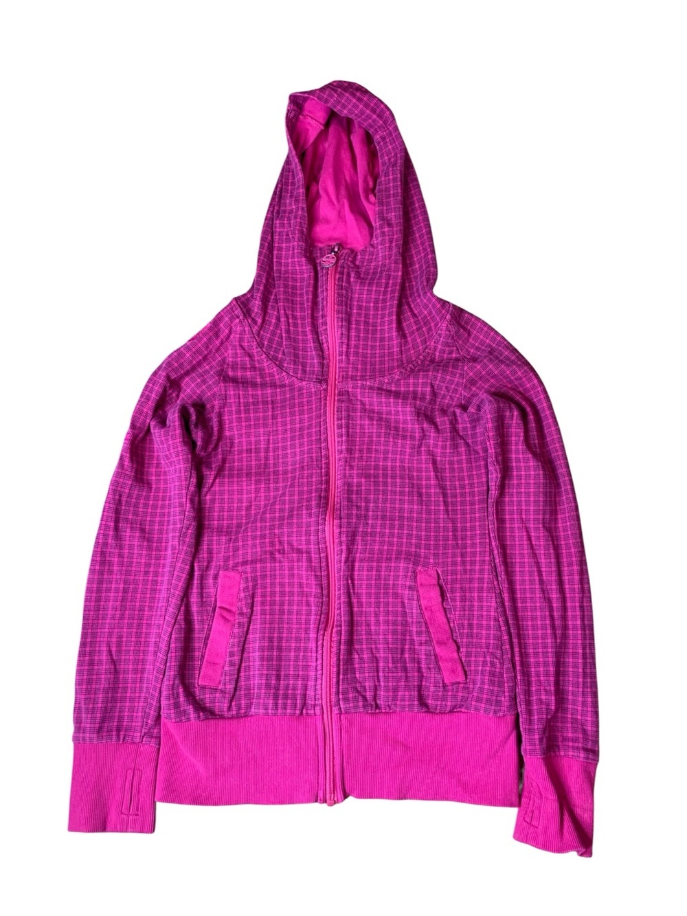 Bench Pink Grid Print Full Zip Funnel Neck Hoodie Jacket Size S